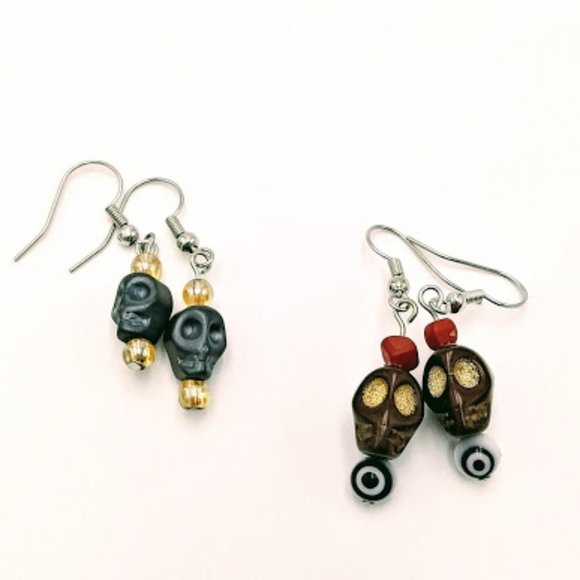 *SKULL EARRINGS* TWO PAIR*ONE PAIR HAS EVIL EYE BEAD*HAND CRAFTED* - Picture 3 of 4